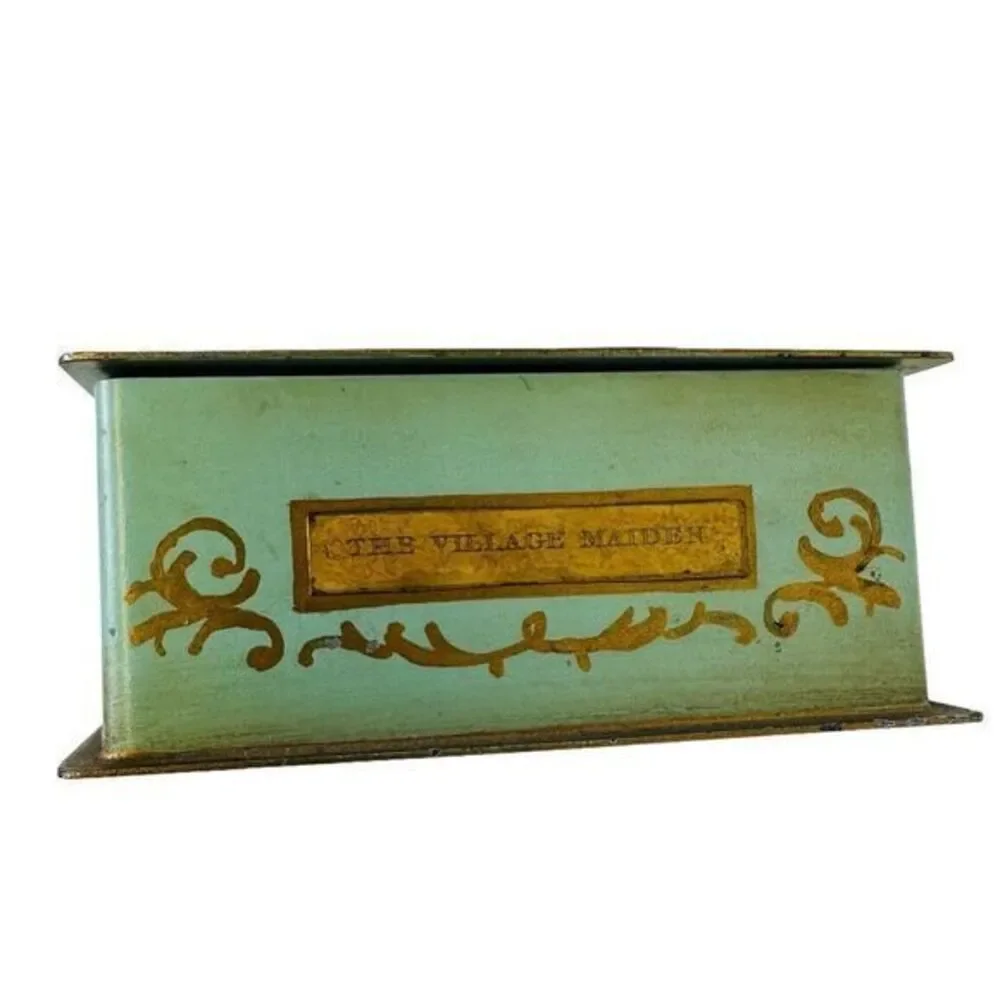Vintage Hinged Metal Trinket Jewelry Box Blue/Green With Gold Trim  3.75